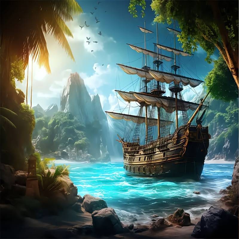 Piratenschiff Wandteppich, Segelschiff an tropischer Insel mit Wasserfall, Abenteuer Meeres-Wandkunst für Wohnzimmer Schlafzimmer