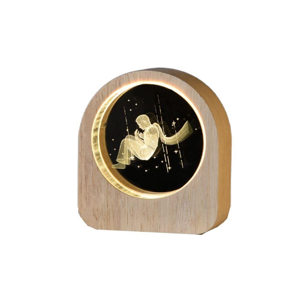Warm Lights 3D Engraved Lamp Wooden Base Plug and Play Wood Crystal Night Light Decorative Laser Engraved