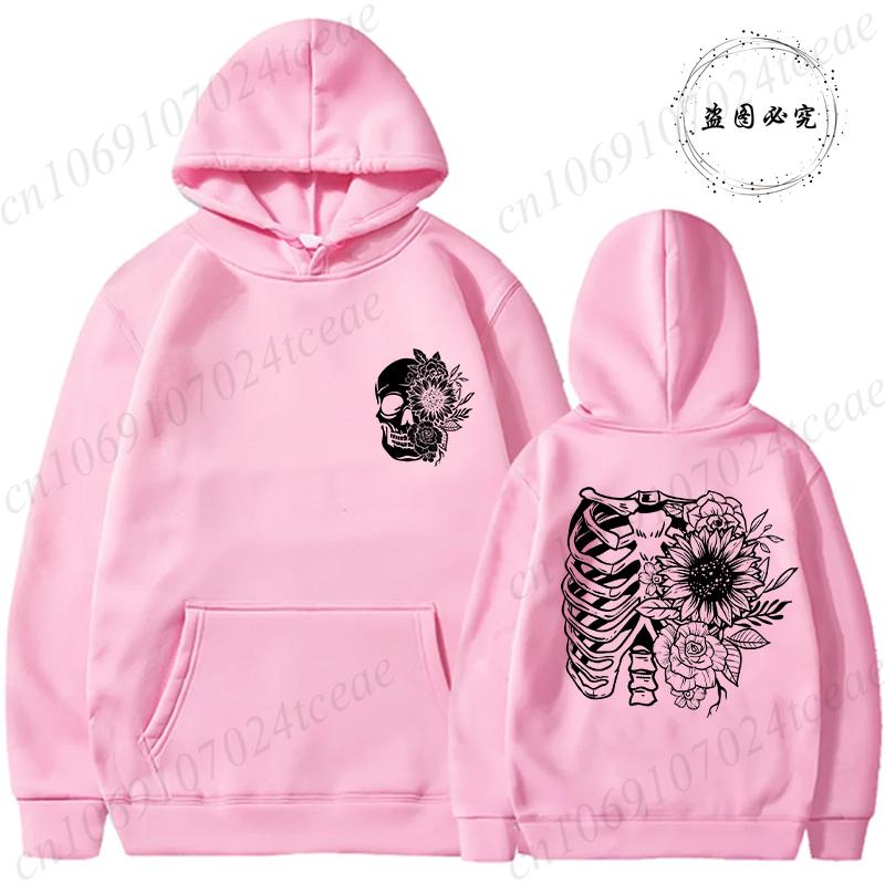 Fashionable Floral Rib Cage Print Daily Women Hoodies Loose Classic Style Long Sleeve Streetwear Skeleton Black Sweatshirts Tops