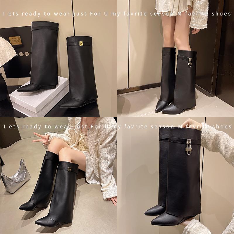 Fashion 8cm Heel Wedges Soft Leather Pointed Toe Knee High Boots Women 2025 Autumn Fashion Shoes Street Style Mordern Long Botas Mujer