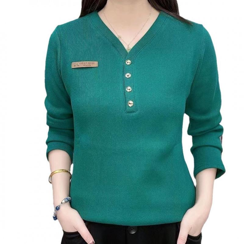 Velvet V-neck Bottoming Shirt for Women, Autumn and Winter Long-sleeved T-shirt, Fashionable and Versatile Elastic Warm Top