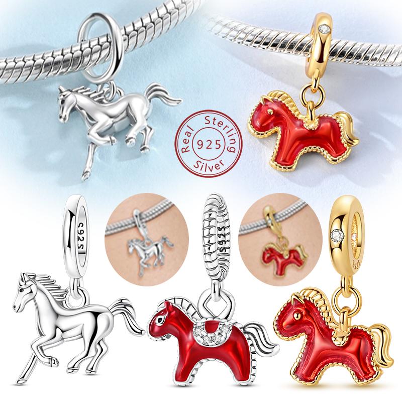 925 Silver Charms Golden Pony White Horse Charms Bead Fit Bracelet Pendant DIY Fine Jewelry For Women Girl Man