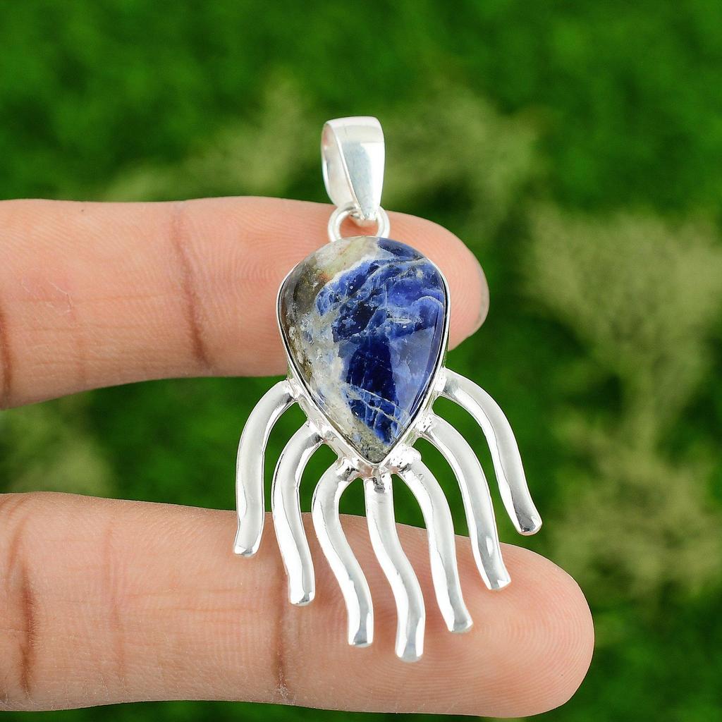 Daughters Day Deal Pear Natural Sodalite Ethnic Handcrafted Pendant 925 Silver
