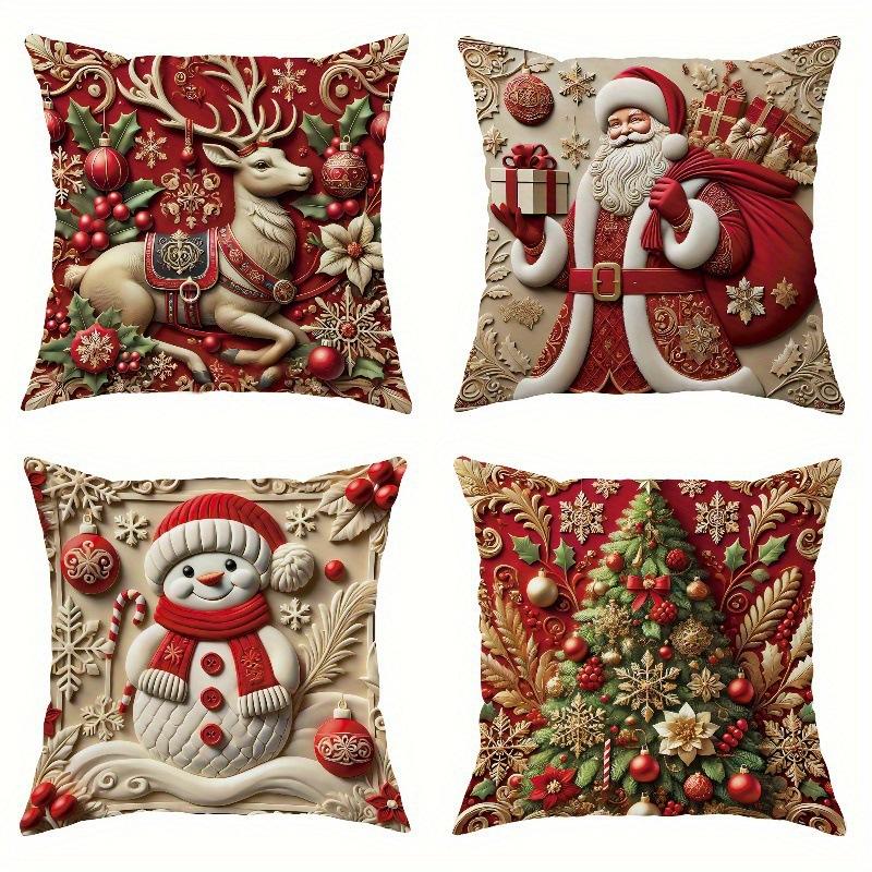 4-Piece Christmas Pillow Cover Set with Santa, Snowman, and Reindeer Designs for Living Room & Bedroom Decor