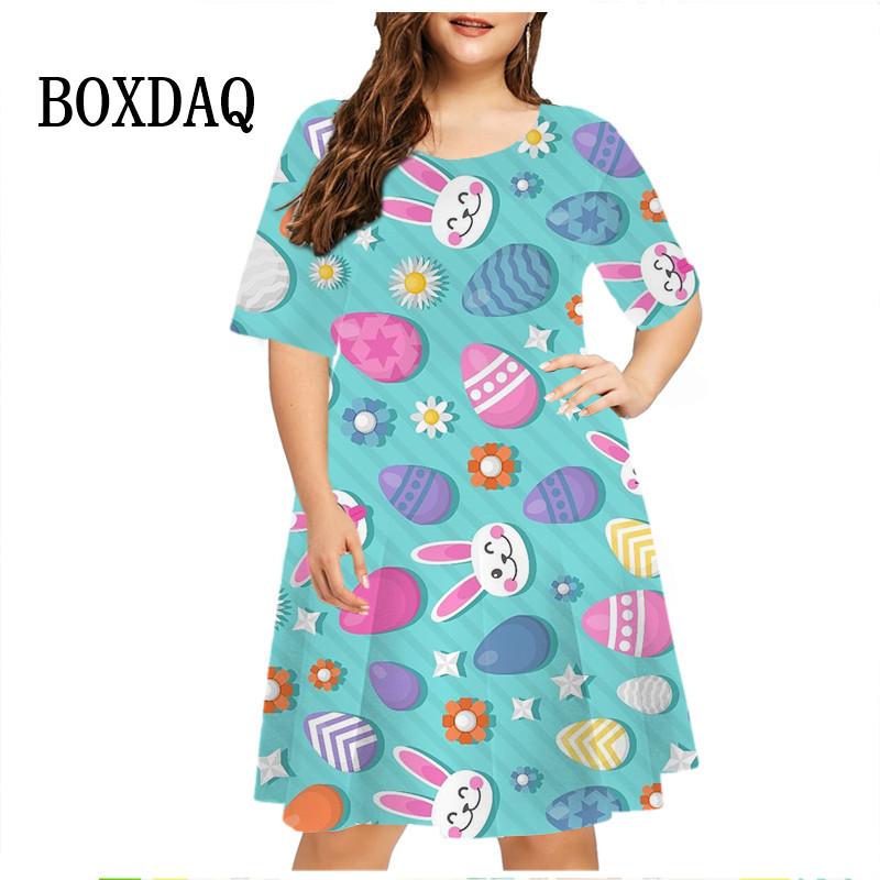 3D Cartoon Hase Print Kleid Osterei Kleid Damen Kurzarm Mode Kawaii Freizeitkleider Party Übergroße Damenbekleidung