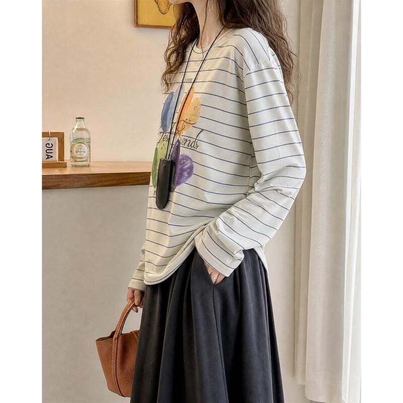 Demana Autumn Minimalist Striped Crew Neck Long Sleeve Tee