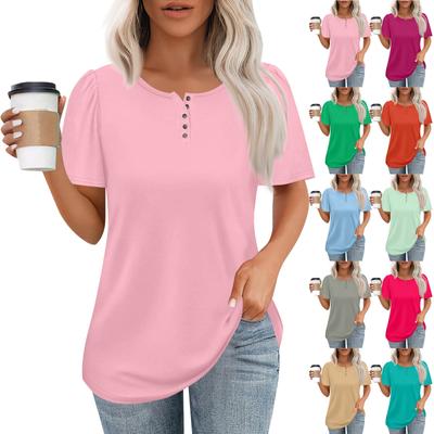 Women's Fashionable Casual Short Sleeve Button Print Round Neck Pullover Top