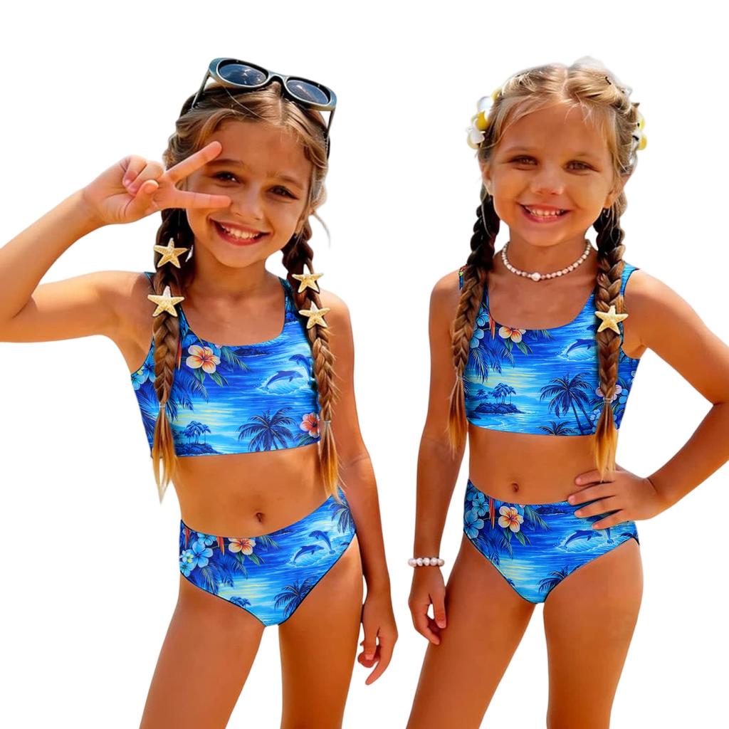 Bambina Due Pezzi Bikini Costume da Bagno Set Estate Casual Stampa Hawaiana Canotta e Slip a Vita Alta Costumi da Bagno per Bambini