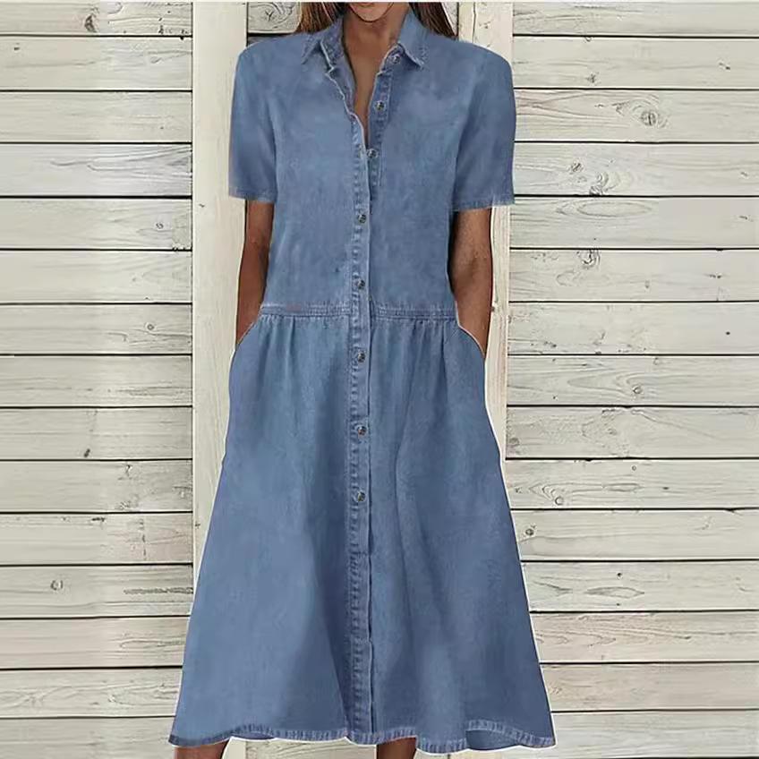 

Spring Hot Style Shirt Collar Casual Denim Short Sleeve Dress Small