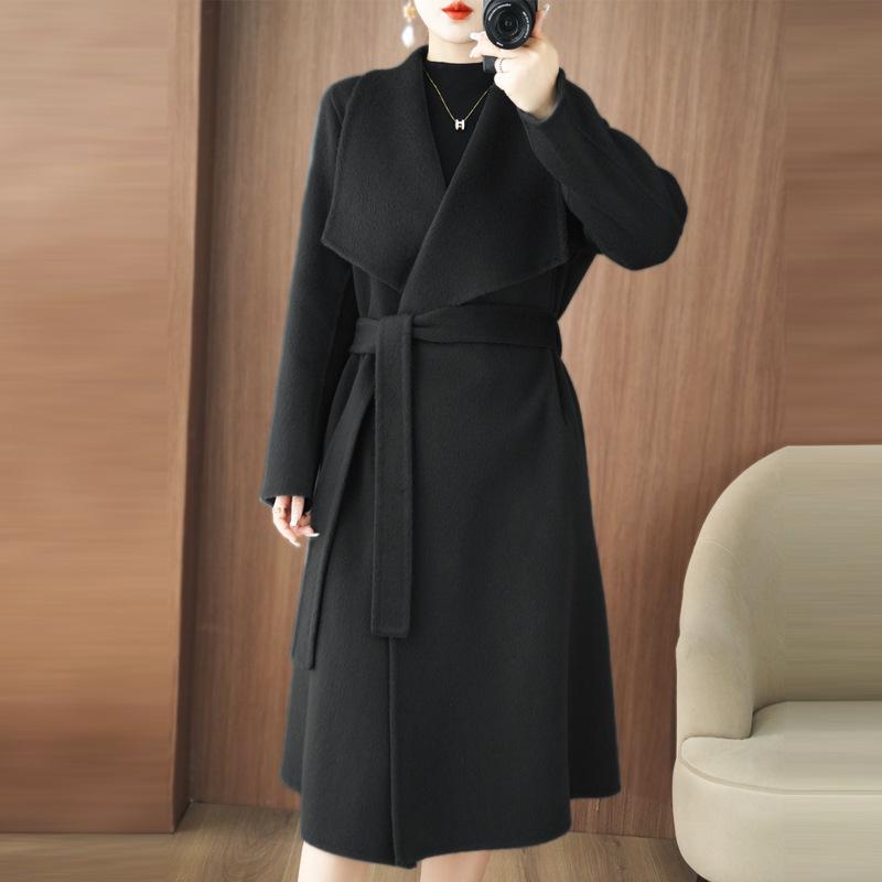 2025 Autumn/Winter Korean Style Double-Faced Wool Coat with Belt and Large Lapel, Over-the-Knee Mid-Length