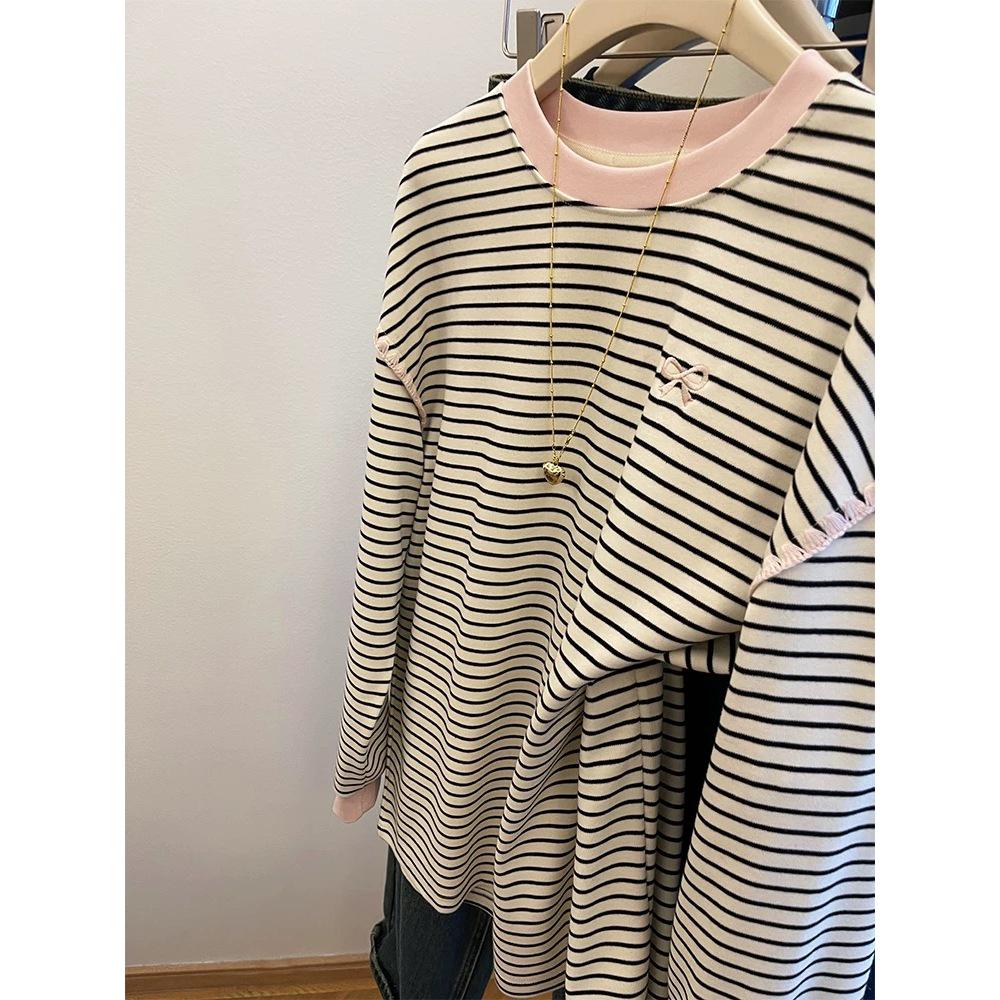 Women's Striped Bow Long-Sleeve Casual Top - Relaxed Fit, Plus Size, Autumn/Winter