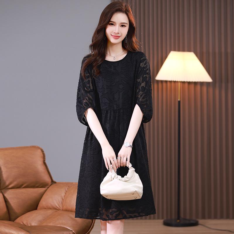 Summer Plus-Size Chiffon Puff Sleeve Lace Dress - High-End 2025 Collection