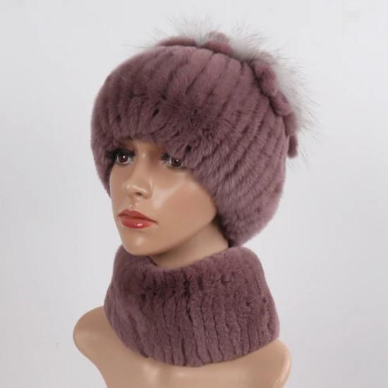 Knitted Women Warm Rex Rabbit Fur Hat Scarf Sets Winter Natural Rex Rabbit Fur Cap Scarves Russia Lady Fur Hats Muffler 2 Pieces