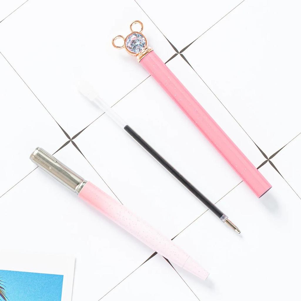 1 Piece Diamond Mouse School Pen Bullet Point Metal Ballpoint Pen Black Writing Pen For Student Rose Gold Stationery