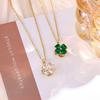 Clover Necklace with Spinning Four-Leaf Design, Diamonds & Colored Zircon, Titanium Steel Chain