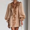 Damen Deep V-Ausschnitt Rüschenkragen Puffärmel Glänzendes Chiffon Kurzes Kleid für Elegante Anlässe