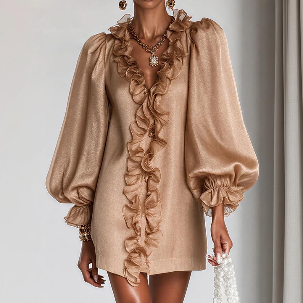 Damen Deep V-Ausschnitt Rüschenkragen Puffärmel Glänzendes Chiffon Kurzes Kleid für Elegante Anlässe