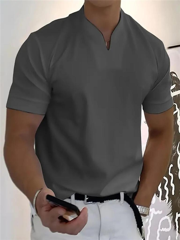 2025 Men's V-Neck Muscle Fit Sports T-Shirt - Elastic Short Sleeve Solid Color