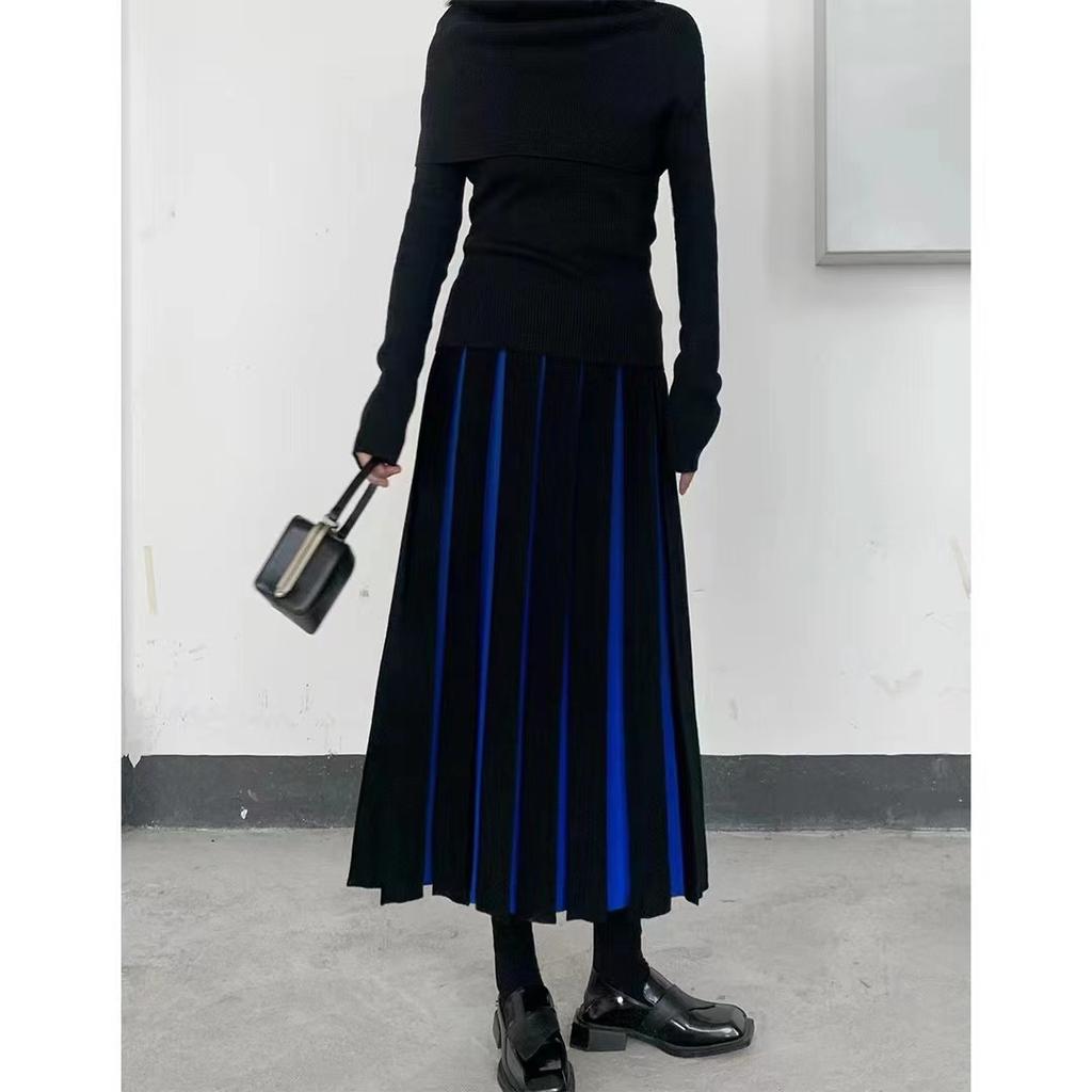Colorful High-waisted Knitted Half-body Skirt Autumn and Winter Women's Skirt Color Blocking Loose Medium-length A-line Skirt