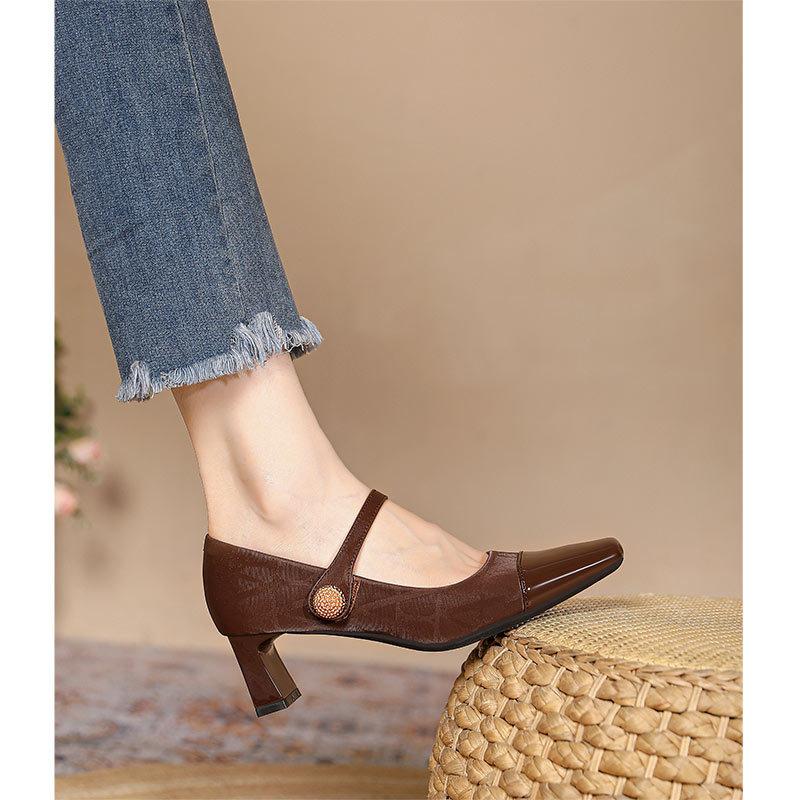 French Mary Jane shoes thick heel splicing small fragrant single shoes middle heel 2025 new one-word with square head high heels
