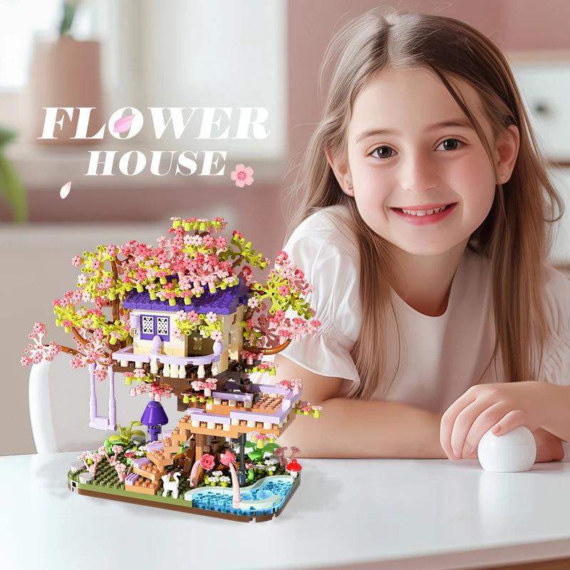 Flower Tree House Building Block Diy Assembly Toys Micro Bricks Puzzle Toys for Kids Children Girls Girlfriend Birthday Gifts