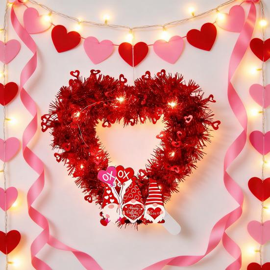 Vorgeschmückter Valentinstags-Herzförmiger Kranz mit Lichterkette Roter Lametta-Kranz mit Folie