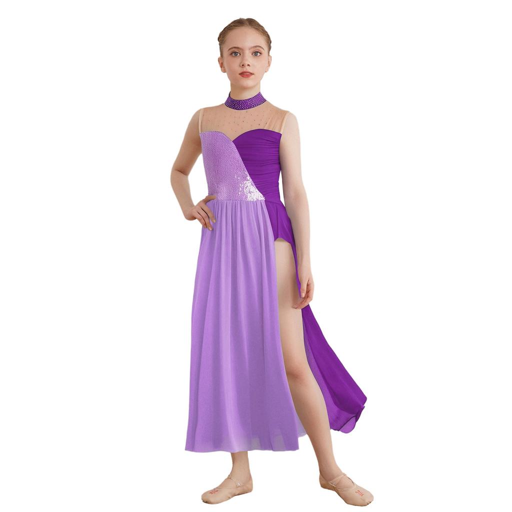 Girls Lyrical Performance Dress Sleeveless Sparkling Sequins Top And Color Block Side Split Skirt