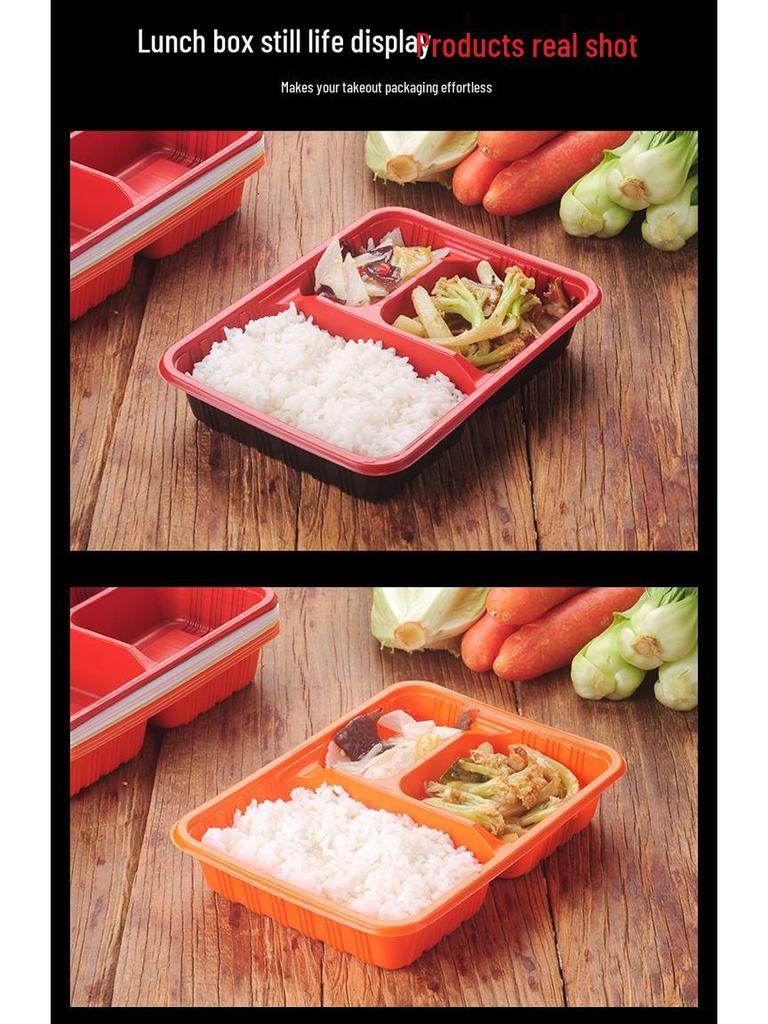 Four-Grid Disposable Plastic Bento Lunch Box with Lid, Multi-Compartment Food Packaging Container.
