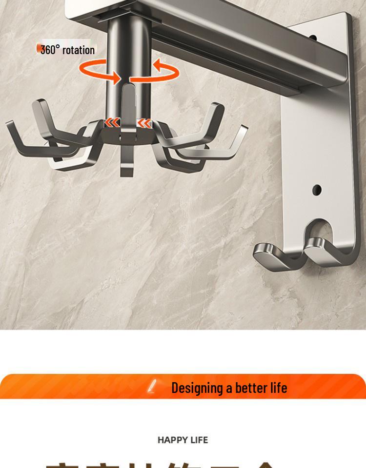Wall-Mounted Rotating Hook & Storage Rack for Kitchen Utensils - Punch-Free Installation