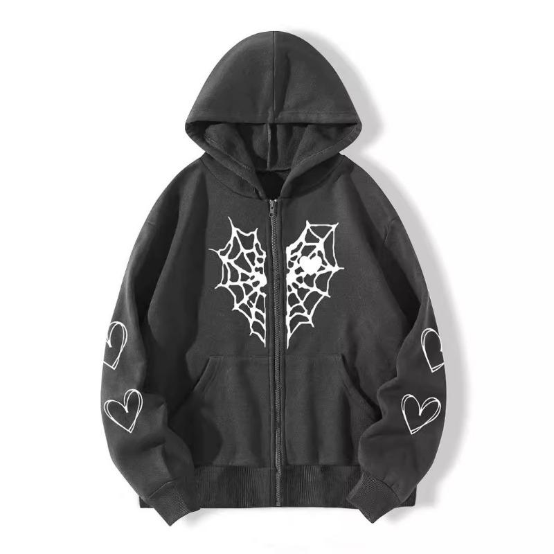 Women S Fall Winter Fleece Hooded Zip Up Cardigan Sweatshirt Spider Web Heart Print