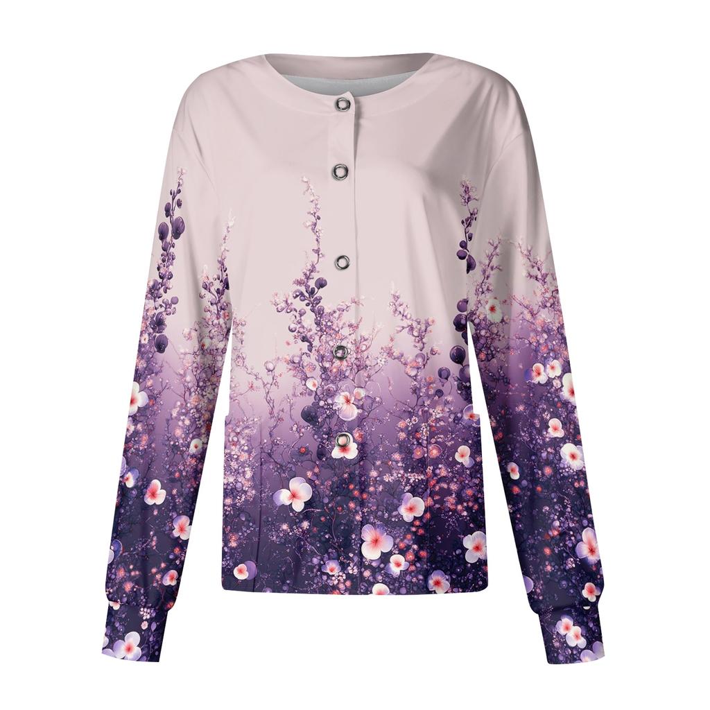 Women Long Sleeve Casual Cardigan Floral Print Button Front Lightweight Open Front Workwear Top