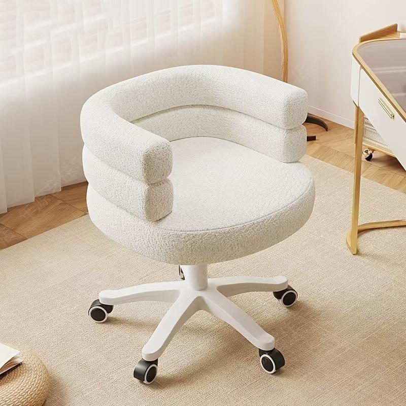 Cream French Style Vanity Stool, Rotating Ottoman with Polyester Upholstery, Sponge Filling, Hardwood Frame, Manual Recliner