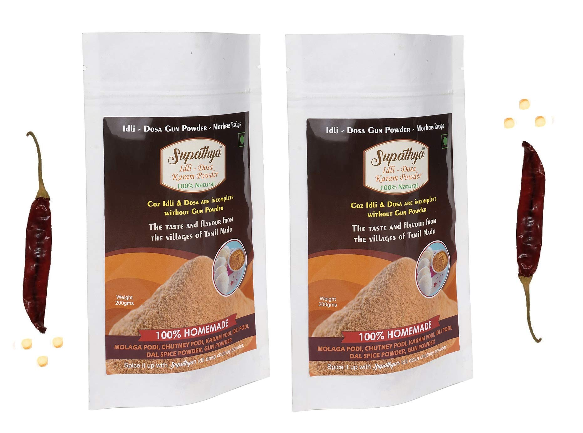 Supathya Karam Molaga podi - Idli Dosa Chilli Powder - Chutney milagai podi - Gun Powder - 200g + 200g - Pack of 2 (Spice: High - Texture: