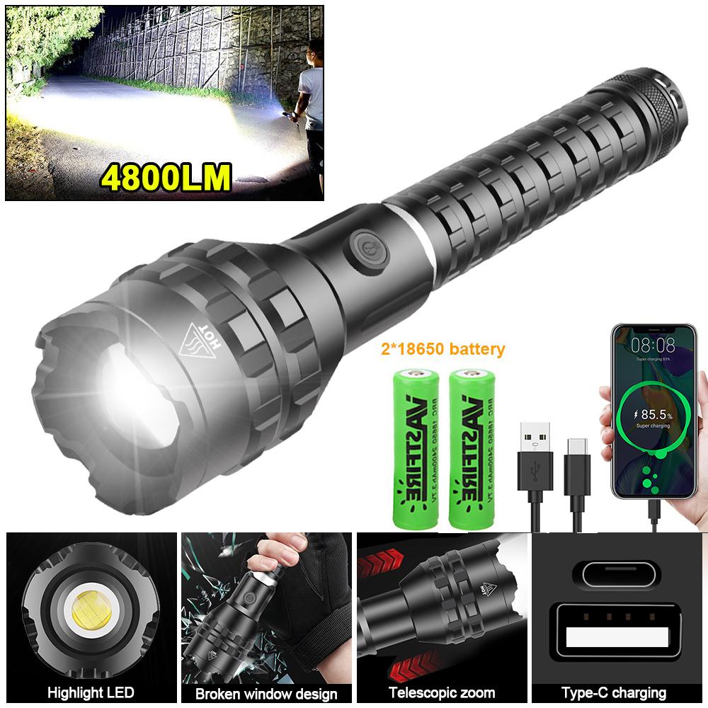 Brightest XHP160 White Flashlight Portable Zoomable Torch USB Rechargeable Powerful Waterproof Lantern Use 18650/26650 Battery