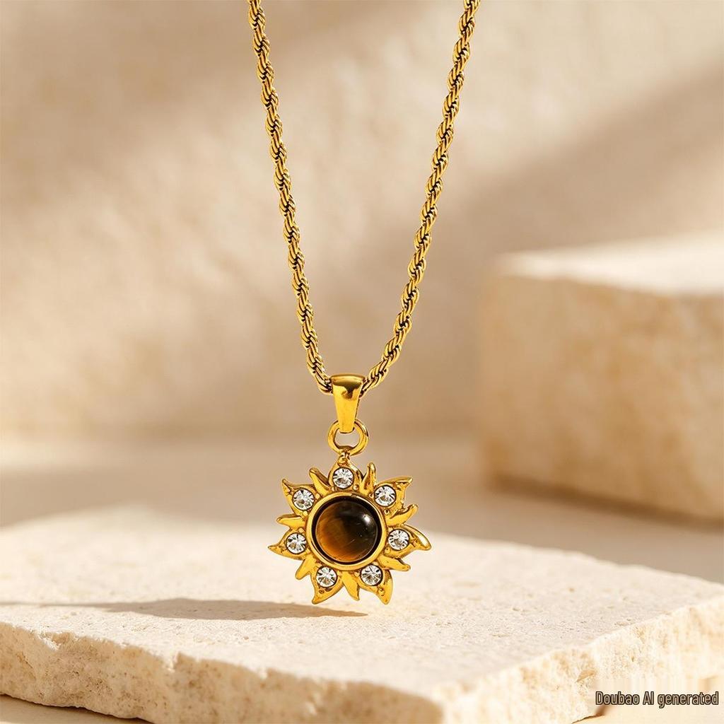 European-American Maillard Natural Tiger Eye Sunflower Pendant Necklace, Women's Retro Luxury Titanium Steel Design
