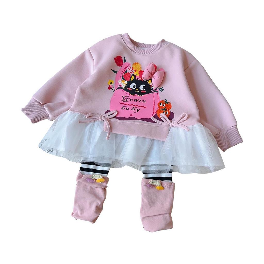 Baby Girls' Cartoon Sweatshirt & Striped Leggings Set - Autumn/Spring