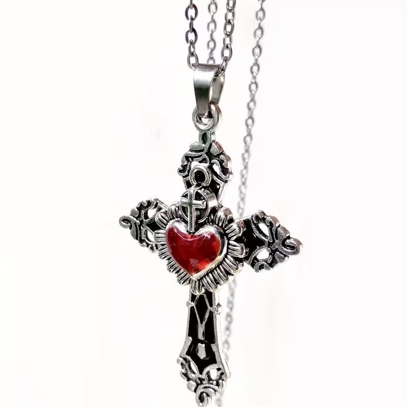 Gothic Dark Cross Heart Pendant Necklace With Vintage Finish For Men And Women