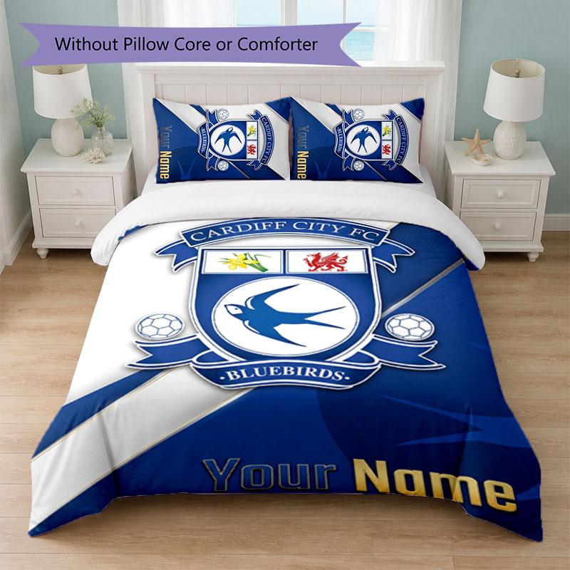 Cardiff City Custom Name Text Bedding Set 1 Duvet Cover+2 Pillowcases Soccer Logo Personalized Gift For Special Occasion Bedroom Decor