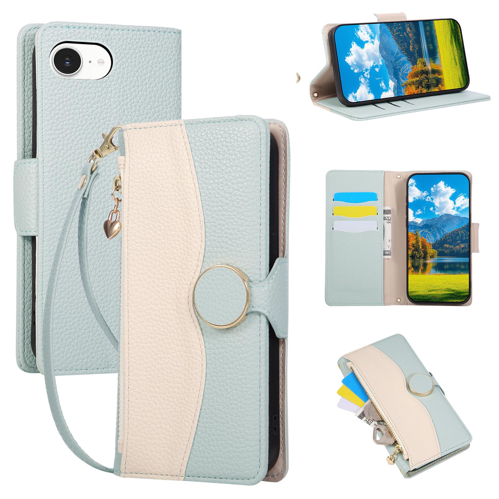 

For iPhone 16e Case Zipper Wallet Color Splicing TPU PU Leather Flip Phone Cover with Strap
