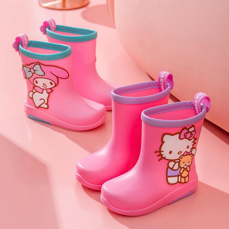 Children's Rain Boots with Fleece Lining Kuromi Cinnamoroll Hello Kitty Girls' Rain Boots Non-Slip Kids' Rubber Shoes