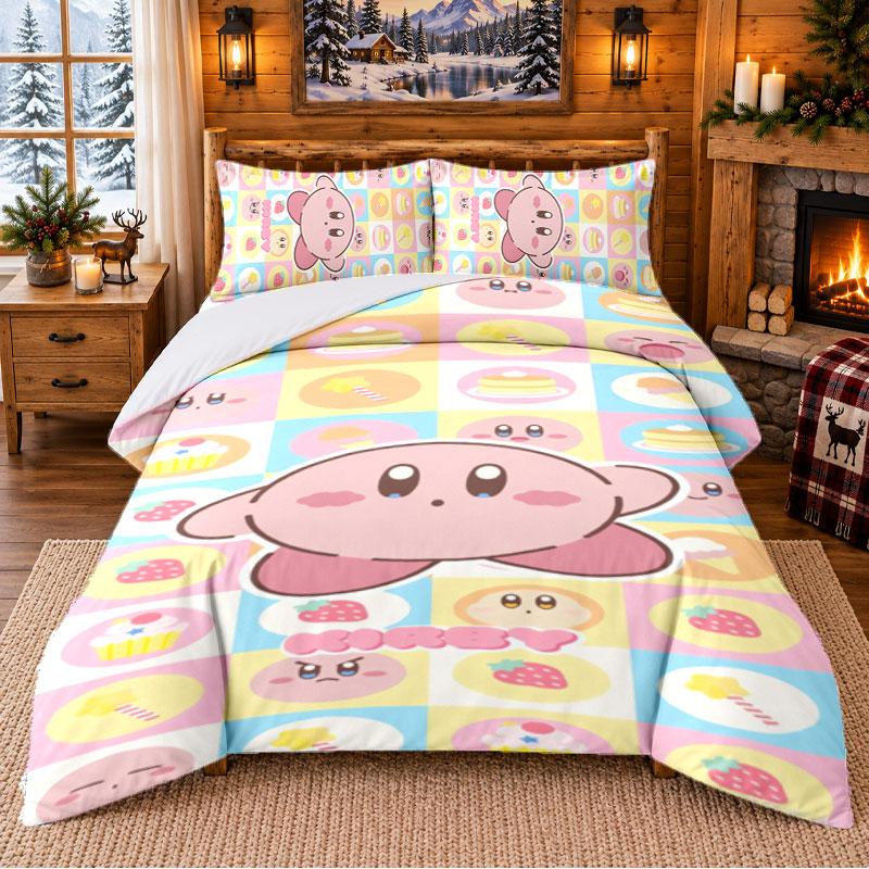 Kirby Pattern Bedding 3Pcs Set Bed Sheet And Pillowcases For Indoor Bedroom