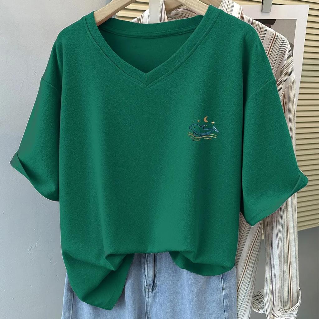 Camiseta Feminina de Verão com Manga Curta e Ombro Normal, Corte Solto, Tamanho Plus Size, Top Elegante com Decote em V e Design que Cobre a Barriga