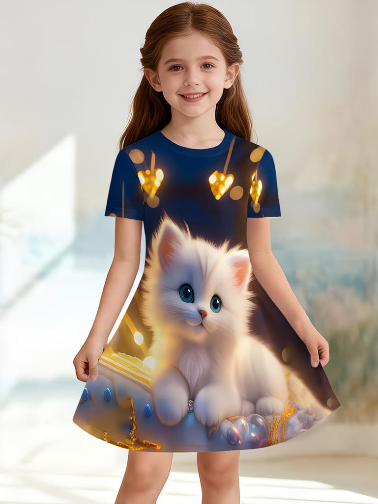 Girl Clothes Cartoon Cat Graphic Printed Girls' Princess Dress Summer Casual Dress for Girls Outfit O-Neck Birthday Gift Clothes