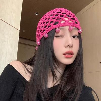 Fashion Round Beads Knitted Hat Crochet Pearl Fringed Woven for Women Travel Versatile Hollow Breathable Retro Beanies Cap