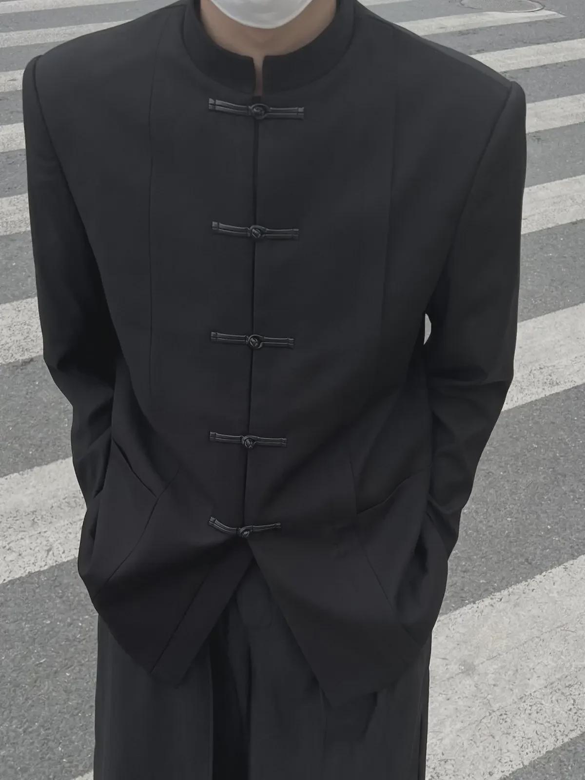 

Мужской современный китайский костюм Чжуншань: Высококачественный воротник-стойка, повседневный свободный крой. M чёрный