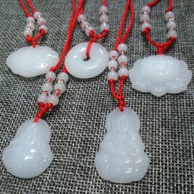 Buddhist White Jade Hand Woven Pendant Necklace Lotus Guanyin Buddha Long Life Lock Pendant Lucky Necklace
