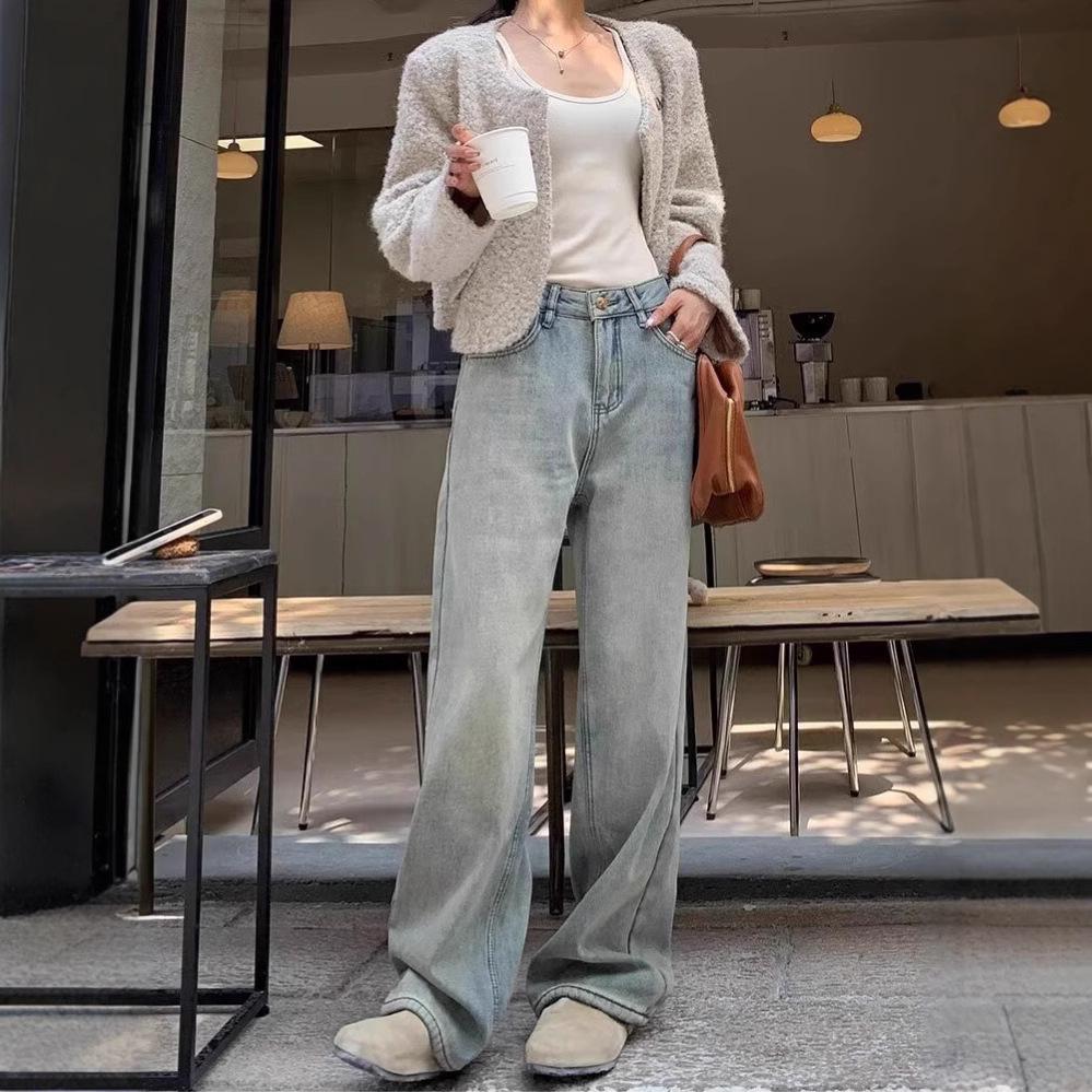 Women's High-Waist Yellow Mud Wide-Leg Jeans - Retro, Warm, Plus Velvet, Loose Fit for Autumn/Winter