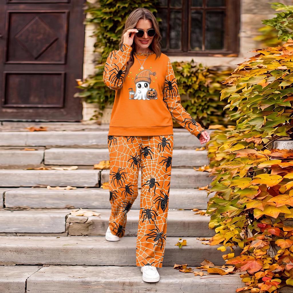Women's Casual Loose Fit Crewneck Halloween Print Sweatshirt and Pants Set