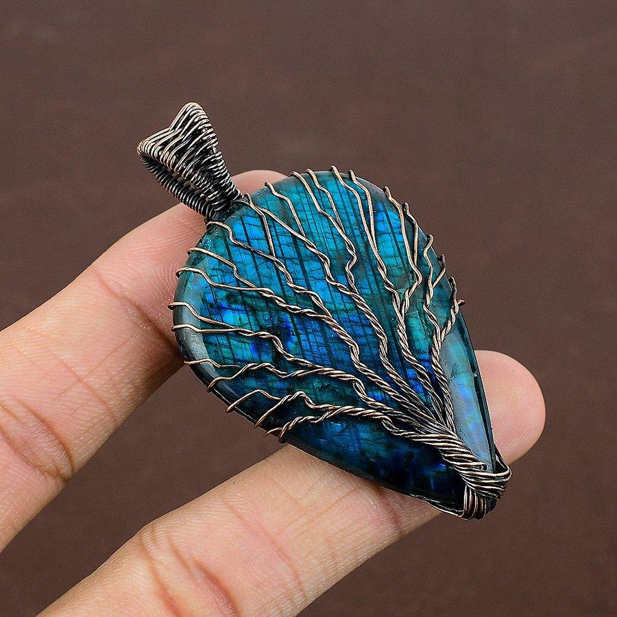 Blue Labradorite Handmade Copper Wire Wrap Jewelry Pendant 2.64" k2H36