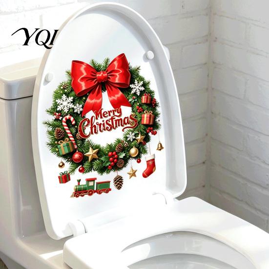 Holiday Seasonal Restroom Decor Christmas Wreath Toilet Decal, Merry Bow Seat Sticker, Easy Apply Tank Decals Waterproof Lid Decals, Self-Adhesive
